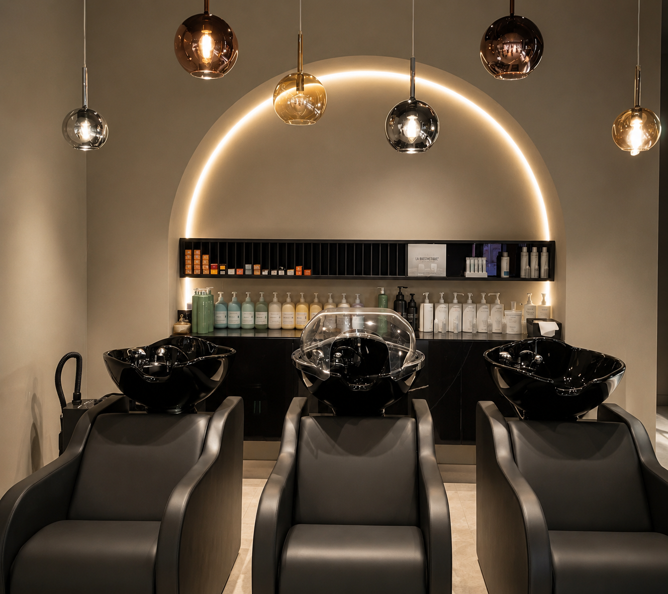 Area lavateste MAISON 43 con arco luminoso e postazioni professionali