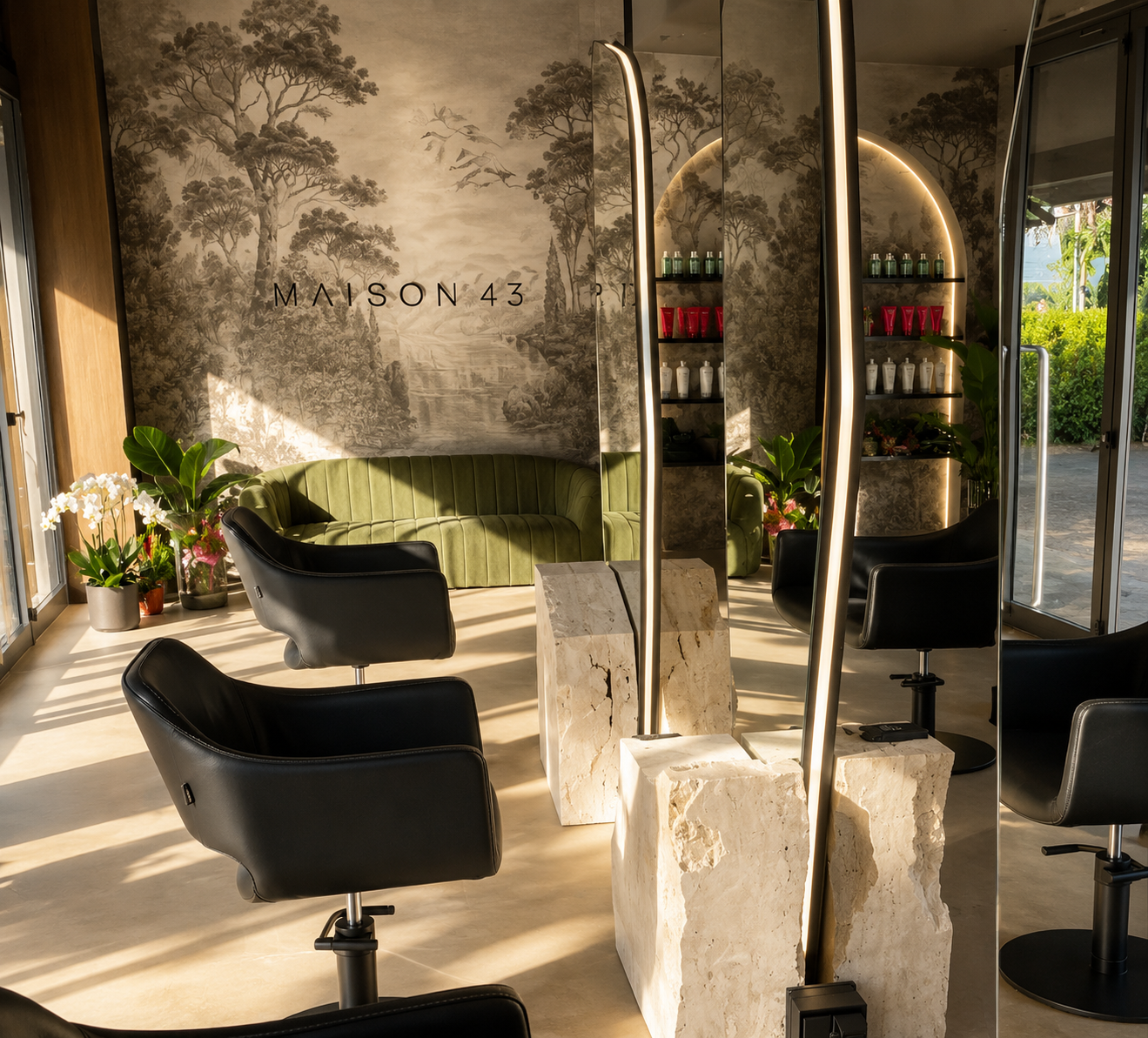 Postazioni MAISON 43 con specchi luminosi, divano verde e pietra naturale